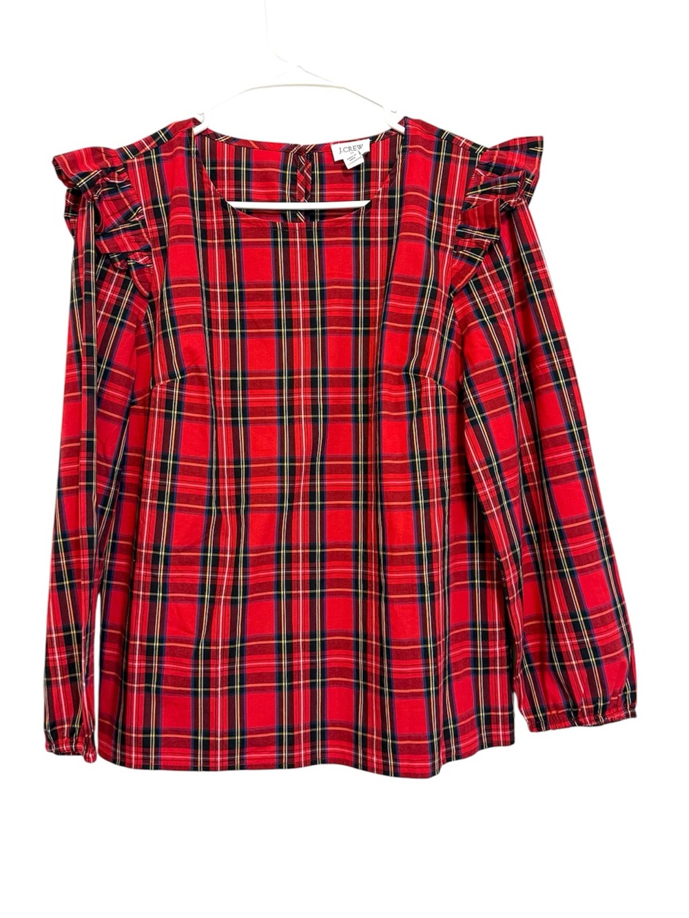 2/$30 J. Crew Red Plaid Ruffle Shoulder Long Sleeve Holiday Blouse Size Small